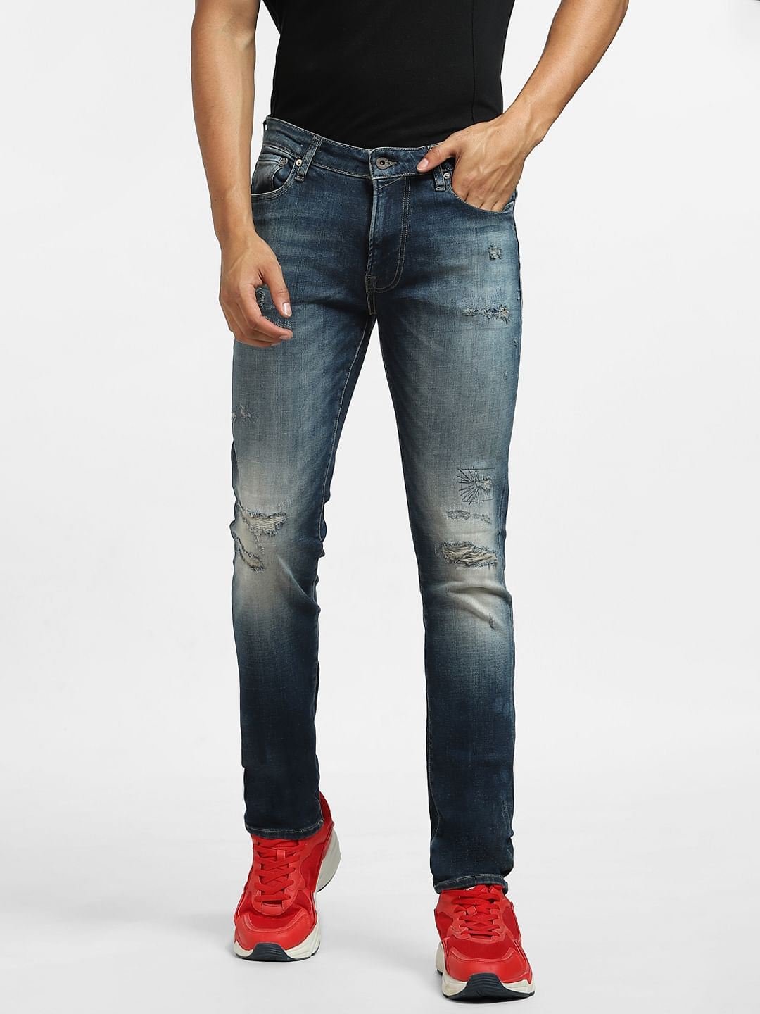 Dark Blue Low Rise Distressed Liam Skinny Jeans