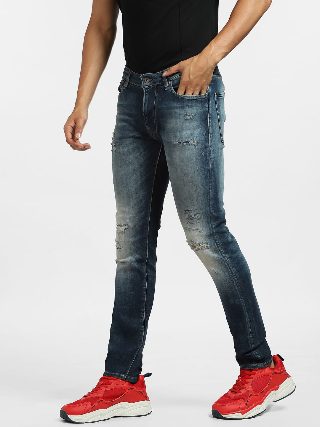 Dark Blue Low Rise Distressed Liam Skinny Jeans