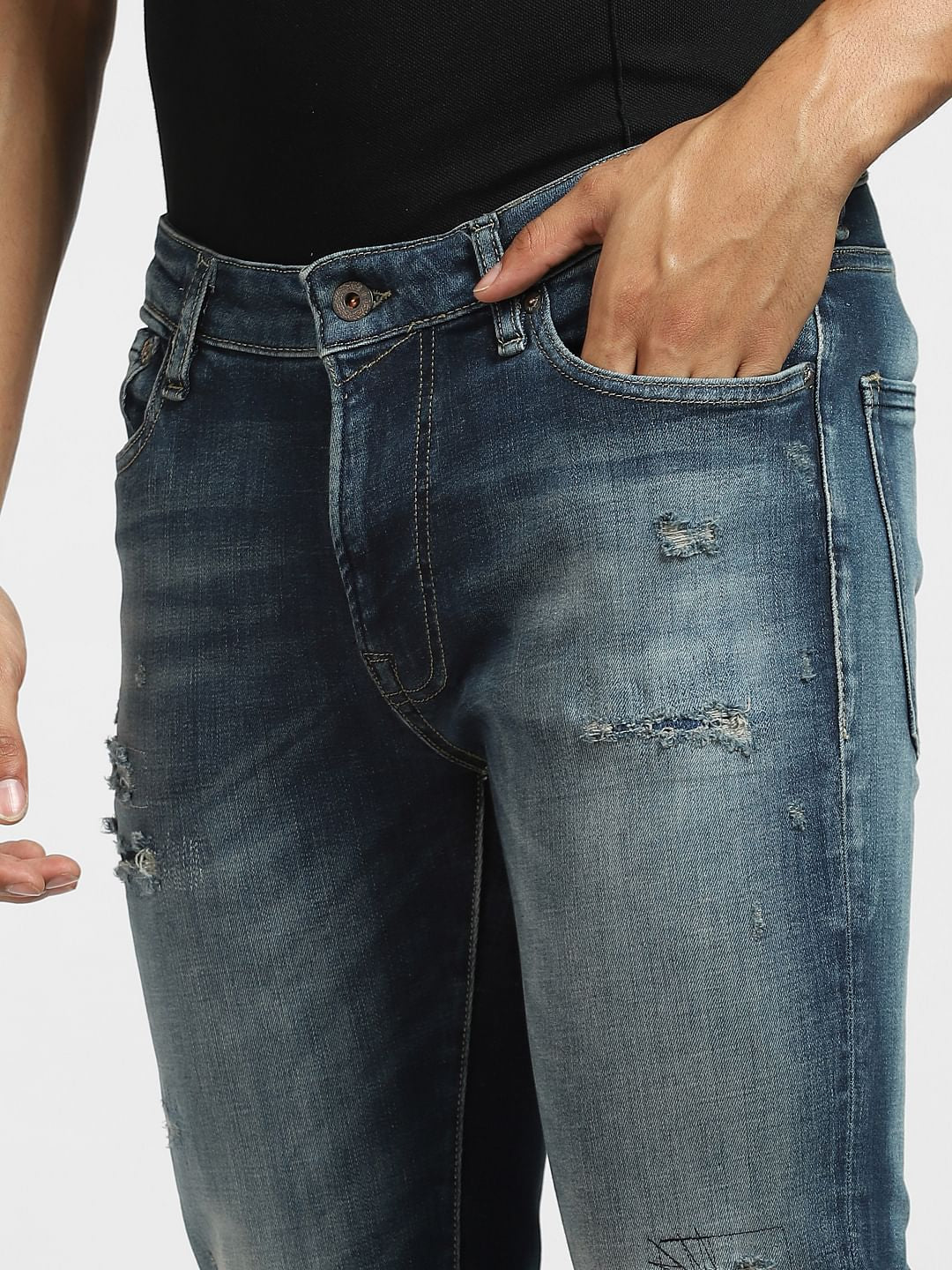 Dark Blue Low Rise Distressed Liam Skinny Jeans