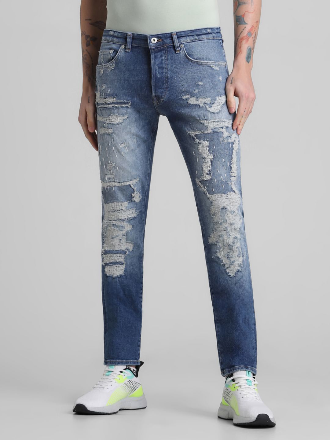 Dark Blue Distressed Glenn Slim Fit Jeans