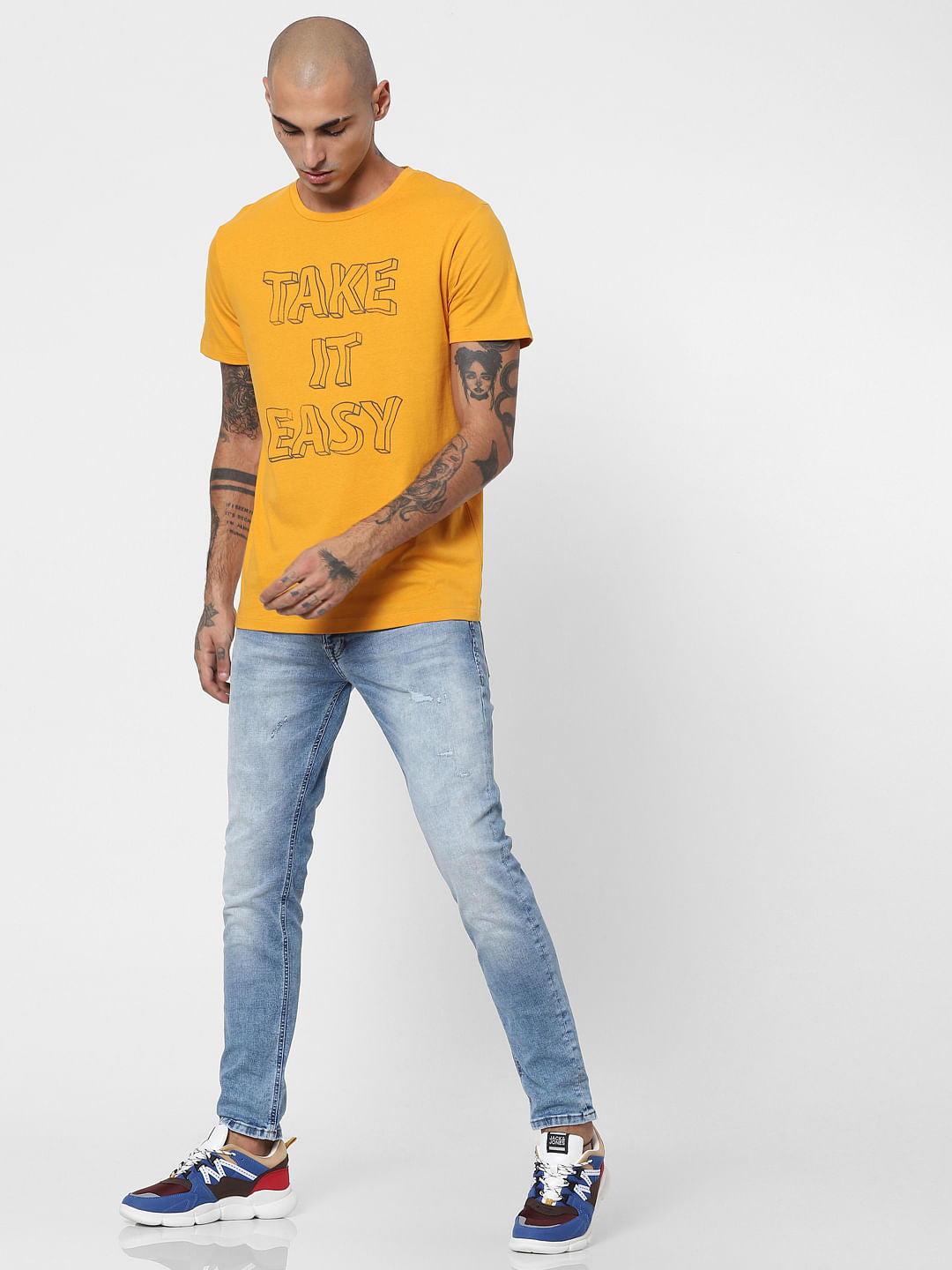Yellow Slogan Print Crew Neck T-shirt