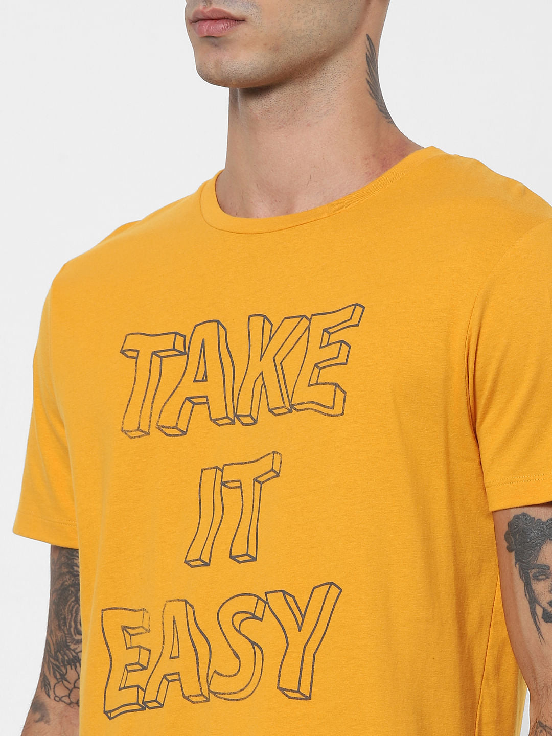Yellow Slogan Print Crew Neck T-shirt