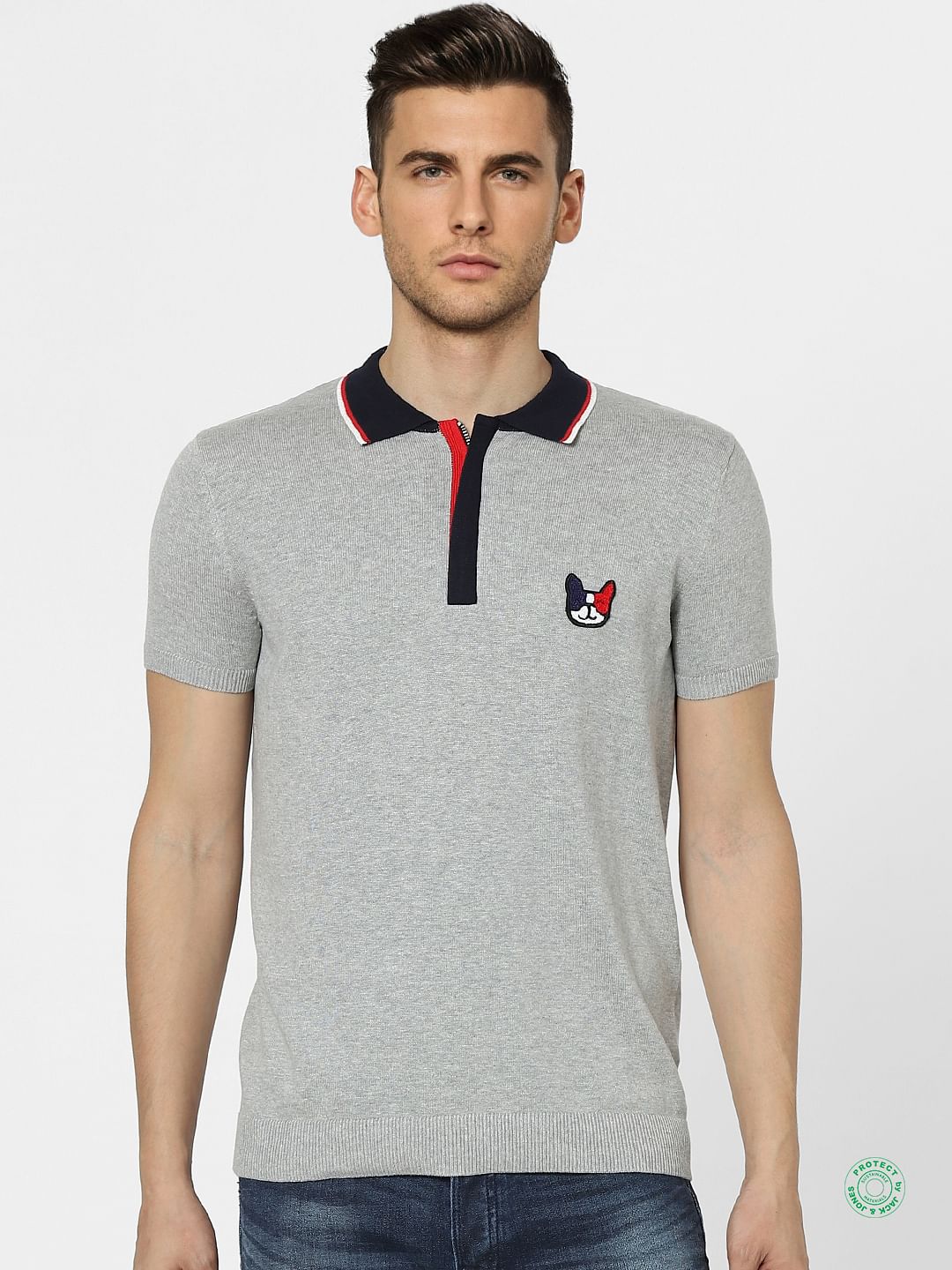 Grey Knit Polo Neck T-shirt