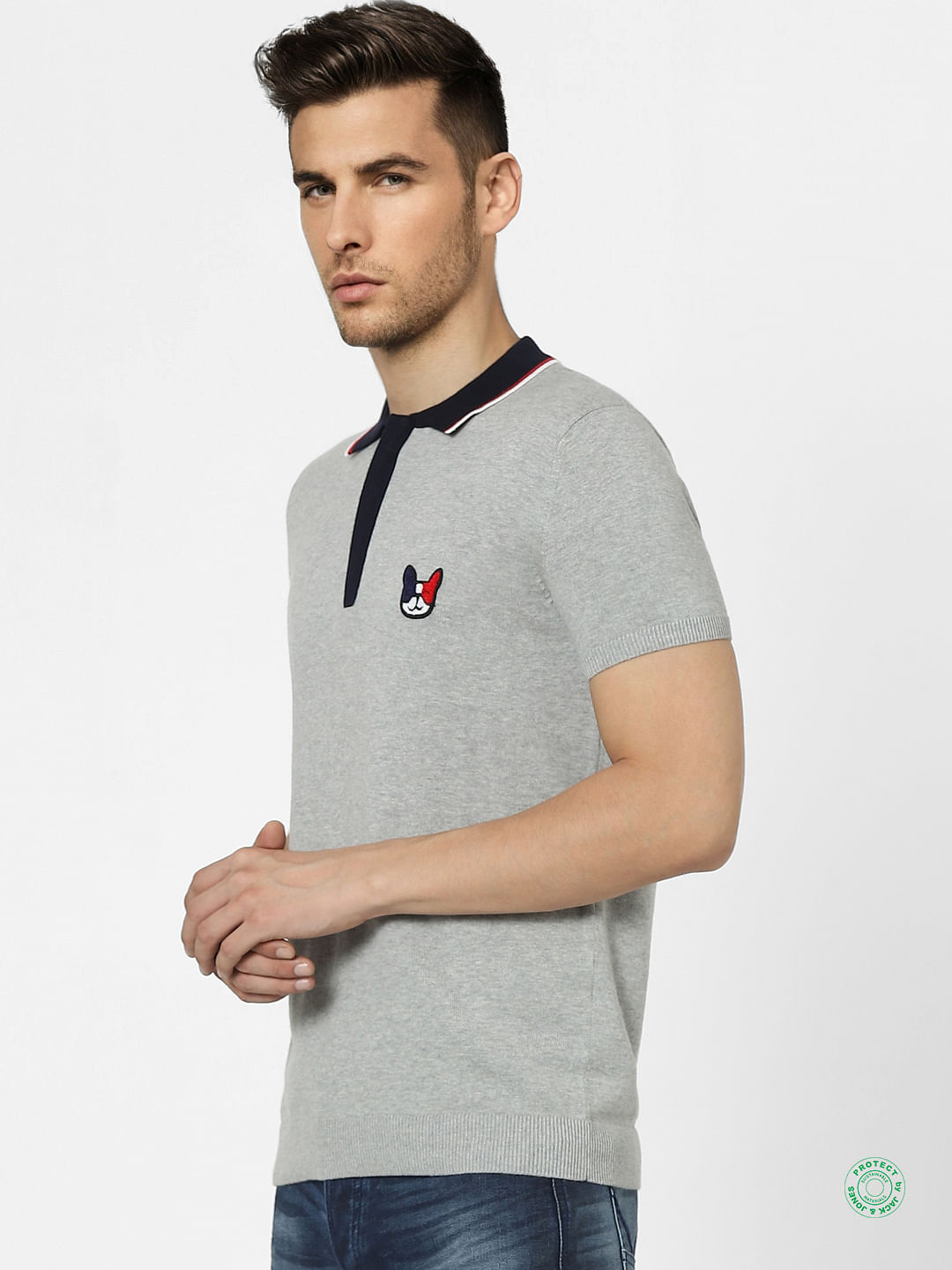 Grey Knit Polo Neck T-shirt