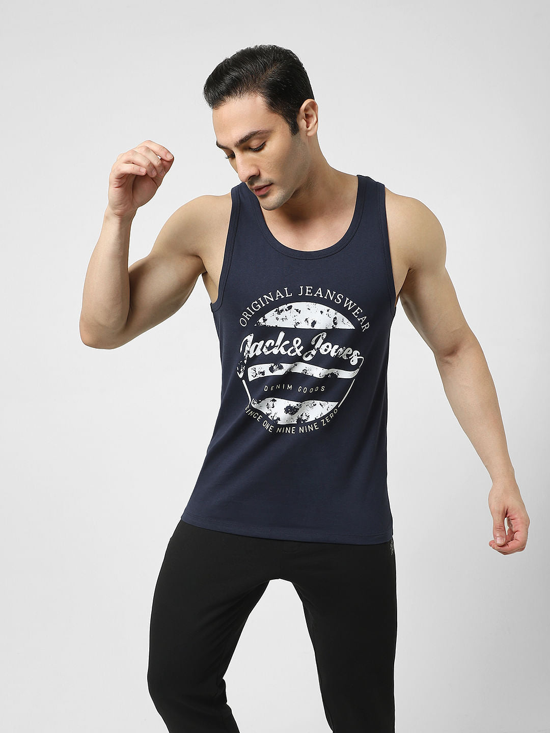 Navy Blue Logo Print Fashion Vest