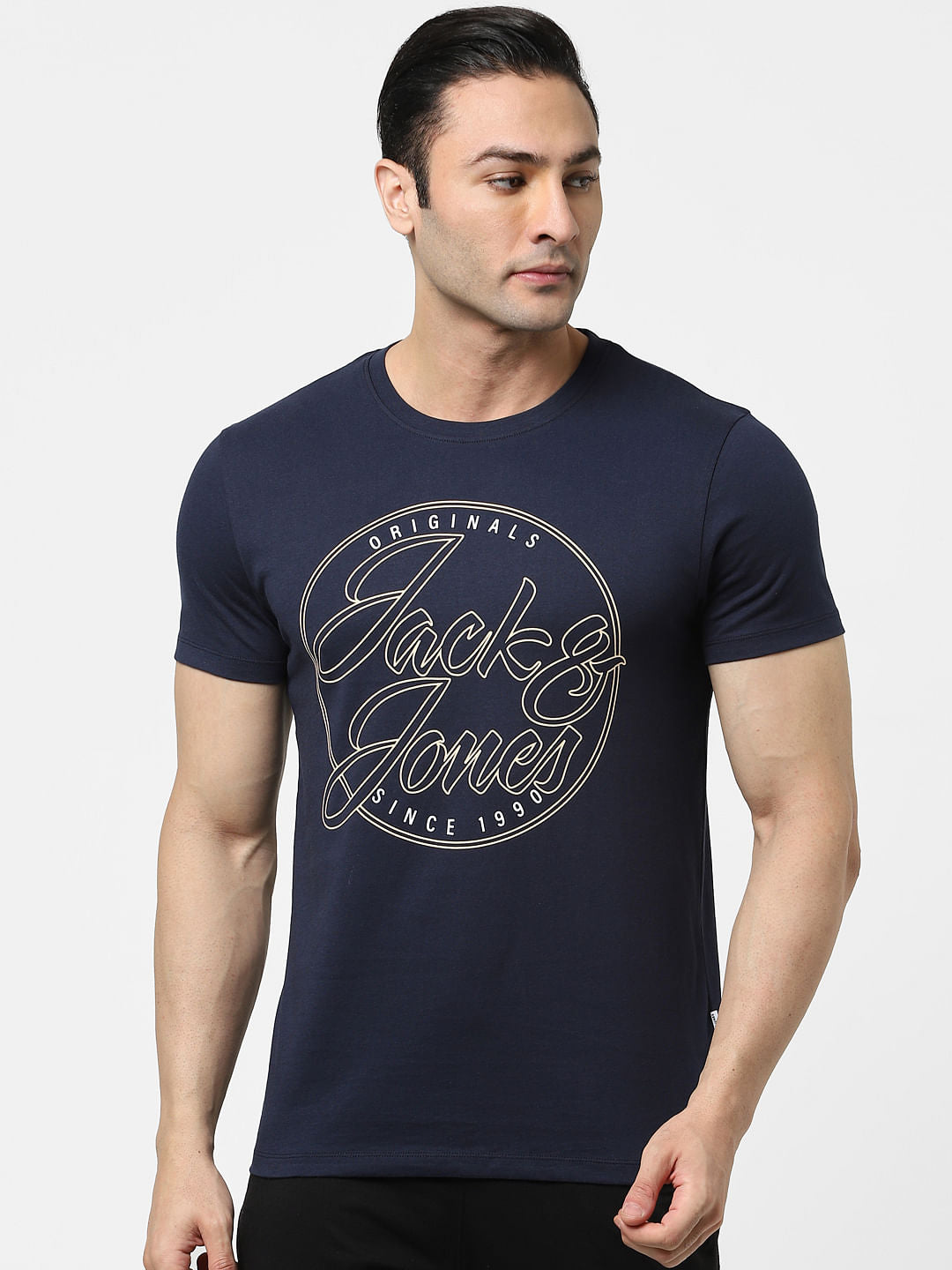 Navy Blue Logo Print Crew Neck T-shirt
