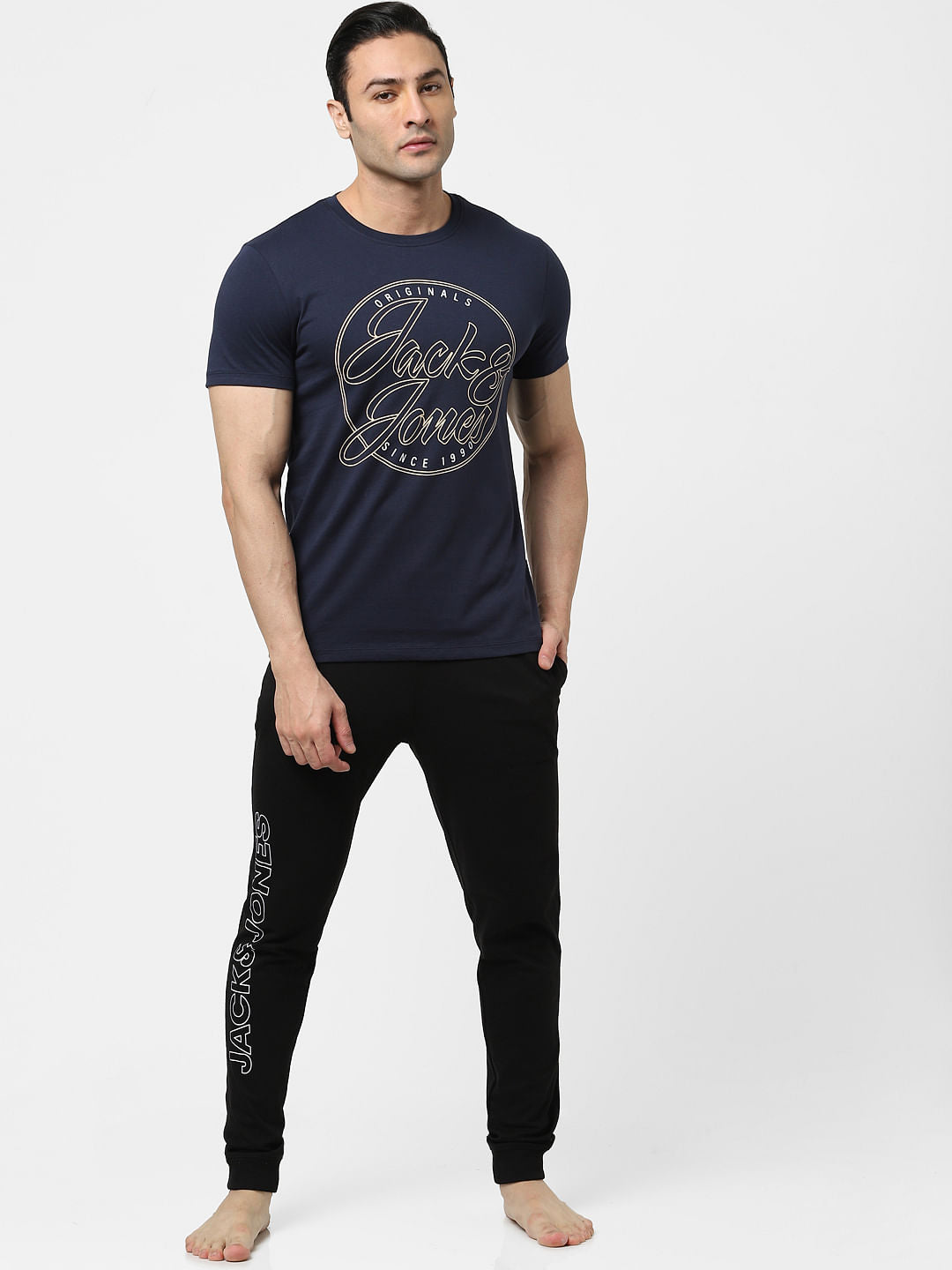 Navy Blue Logo Print Crew Neck T-shirt