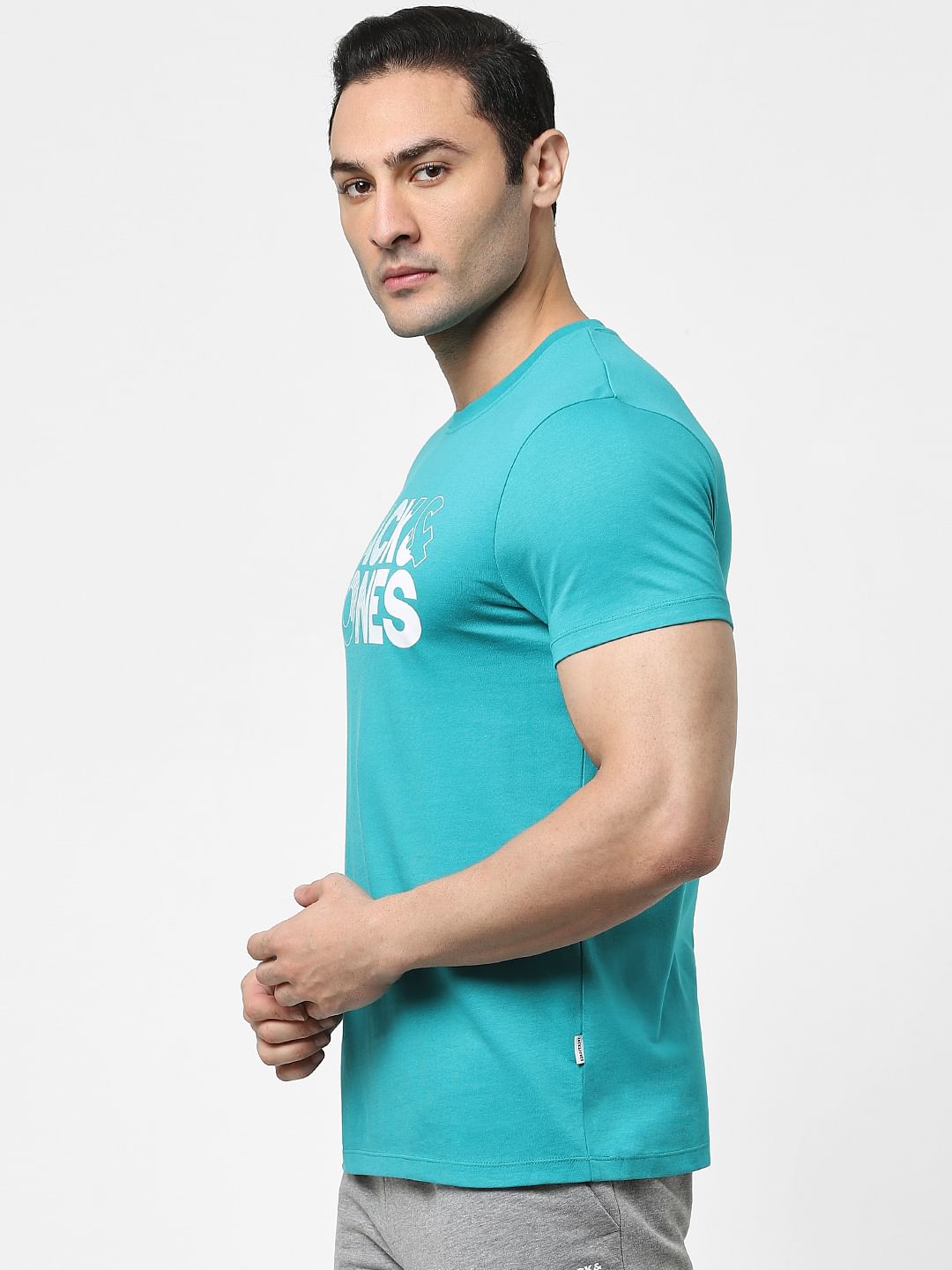 Teal Blue Logo Print Crew Neck T-shirt