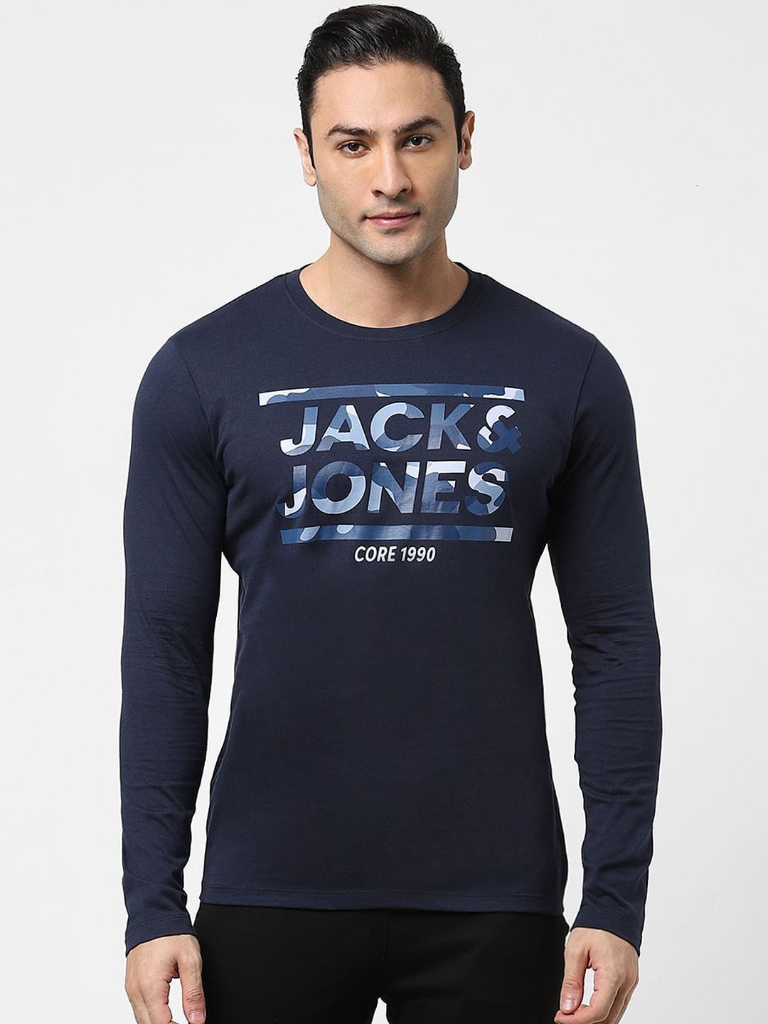 Navy Blue Logo Print Full Sleeves T-shirt