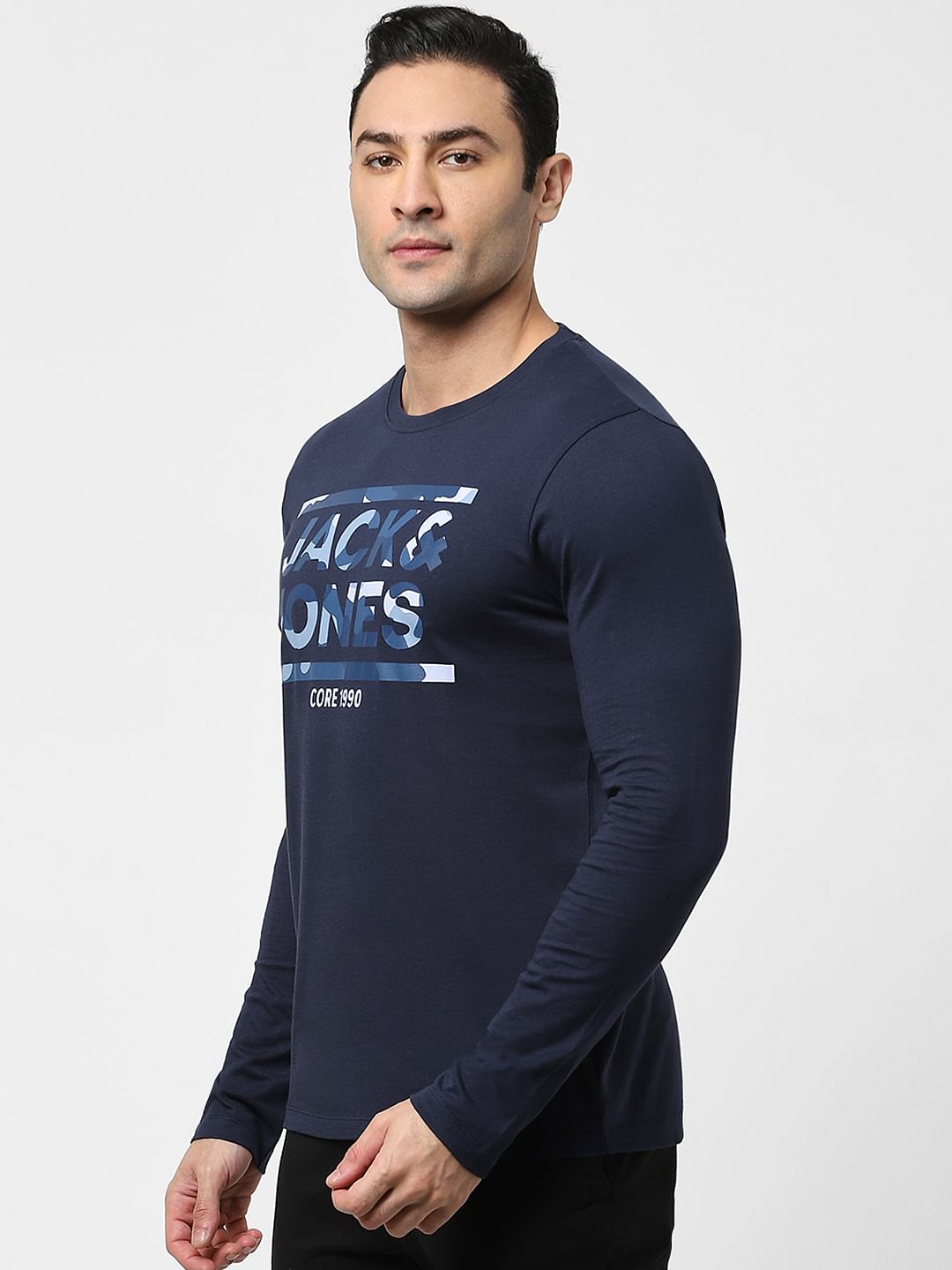 Navy Blue Logo Print Full Sleeves T-shirt