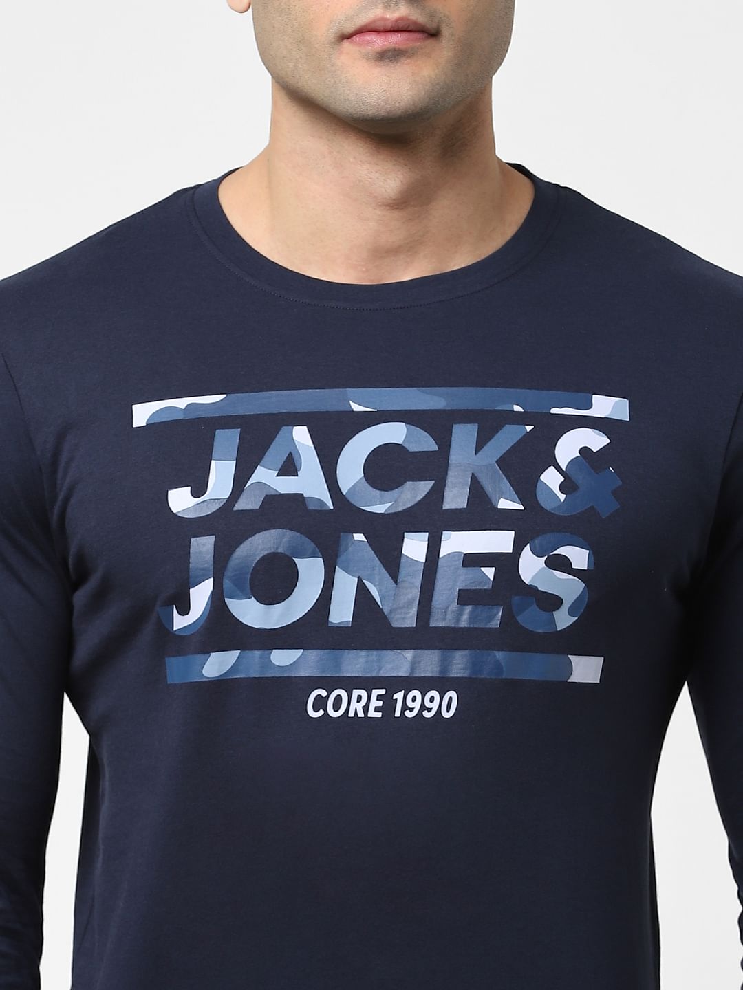 Navy Blue Logo Print Full Sleeves T-shirt