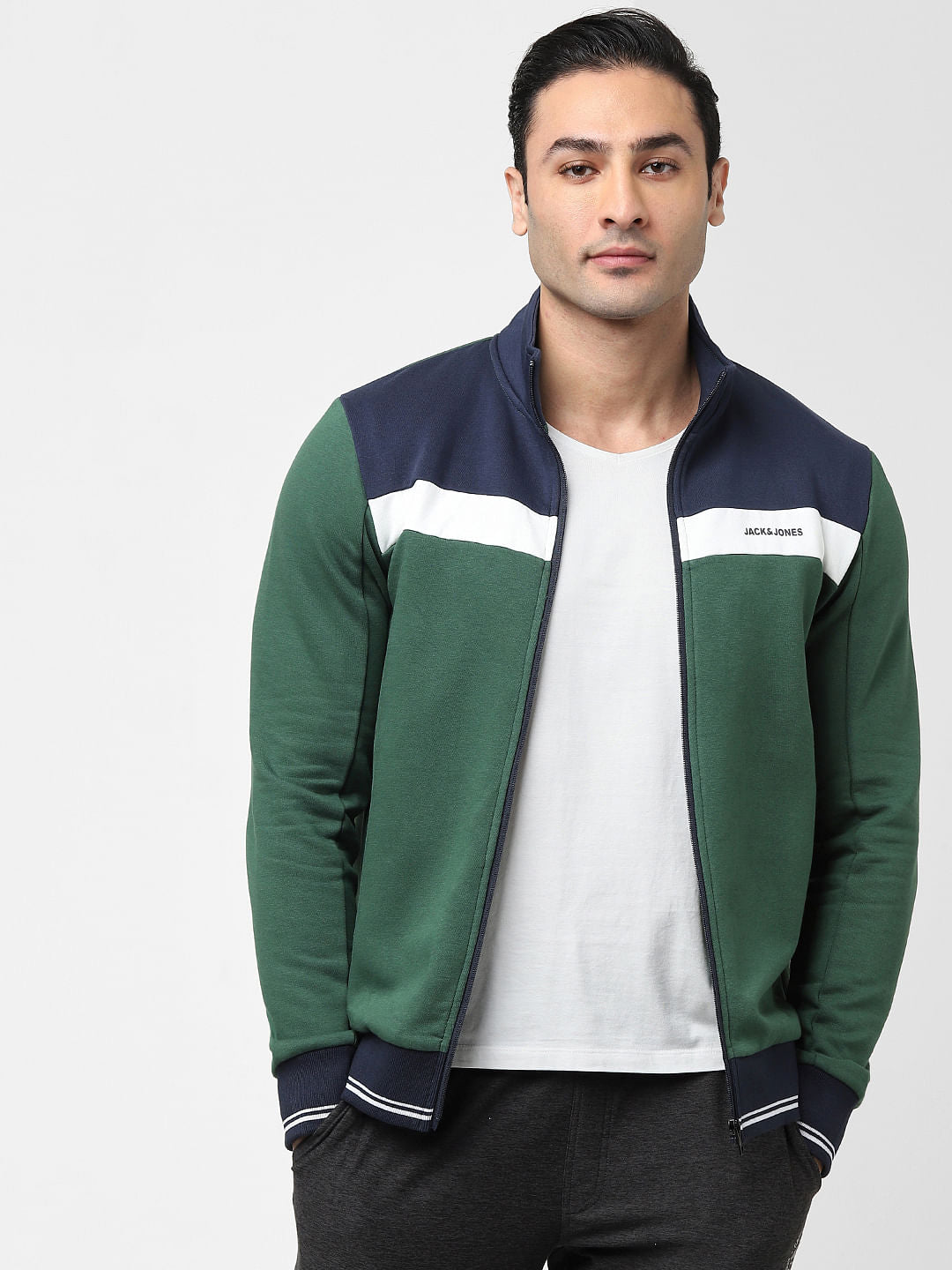 Green Colourblocked Zip-Up Sweatshirt