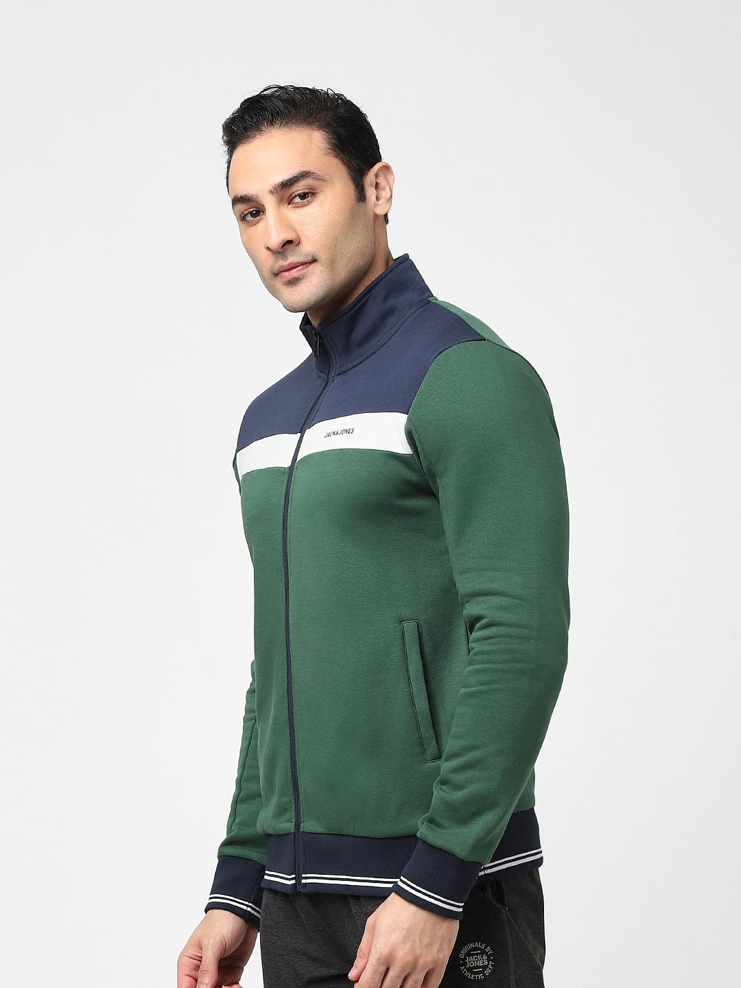Green Colourblocked Zip-Up Sweatshirt
