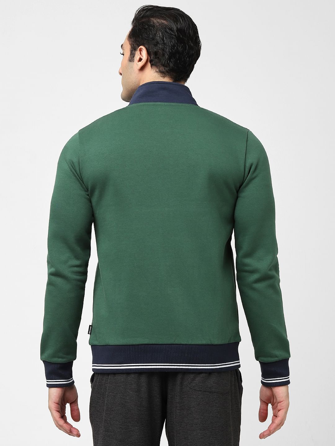 Green Colourblocked Zip-Up Sweatshirt