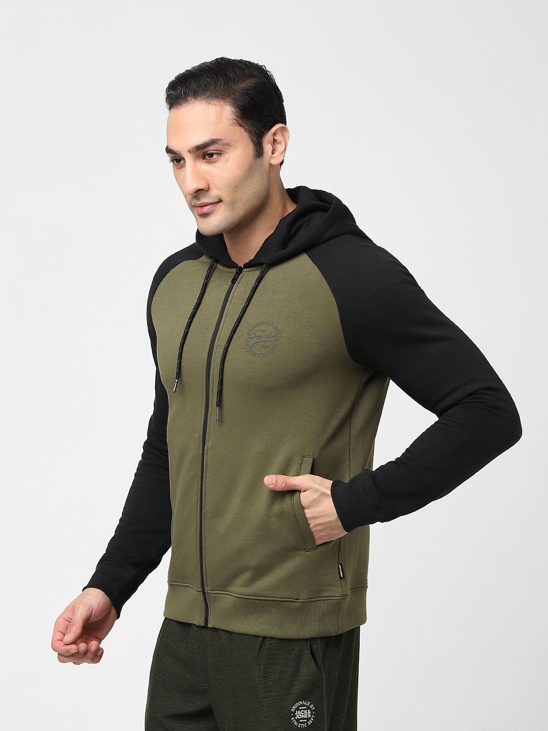 Green Colourblocked Zip-Up Sweatshirt