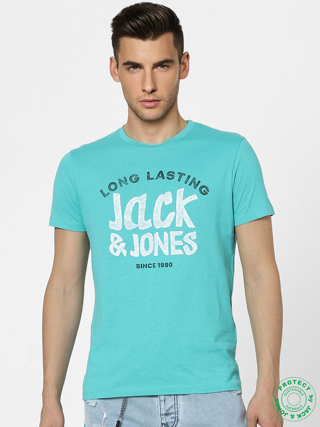 Aqua Blue Graphic Print Crew Neck T-shirt