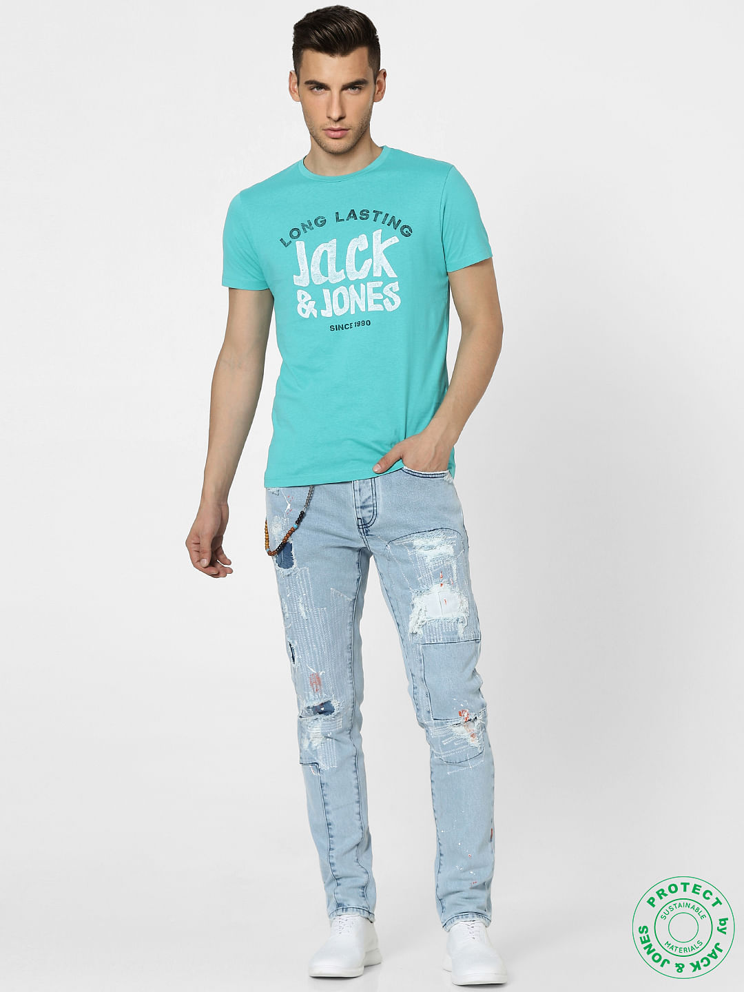 Aqua Blue Graphic Print Crew Neck T-shirt