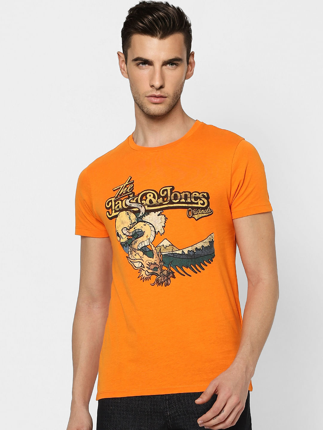 Orange Graphic Print Crew Neck T-shirt