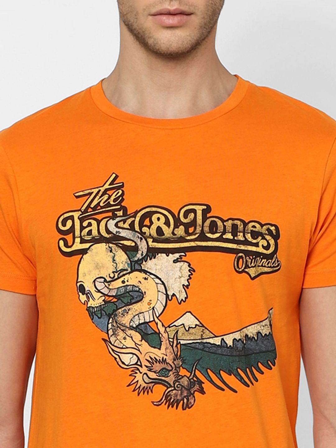 Orange Graphic Print Crew Neck T-shirt