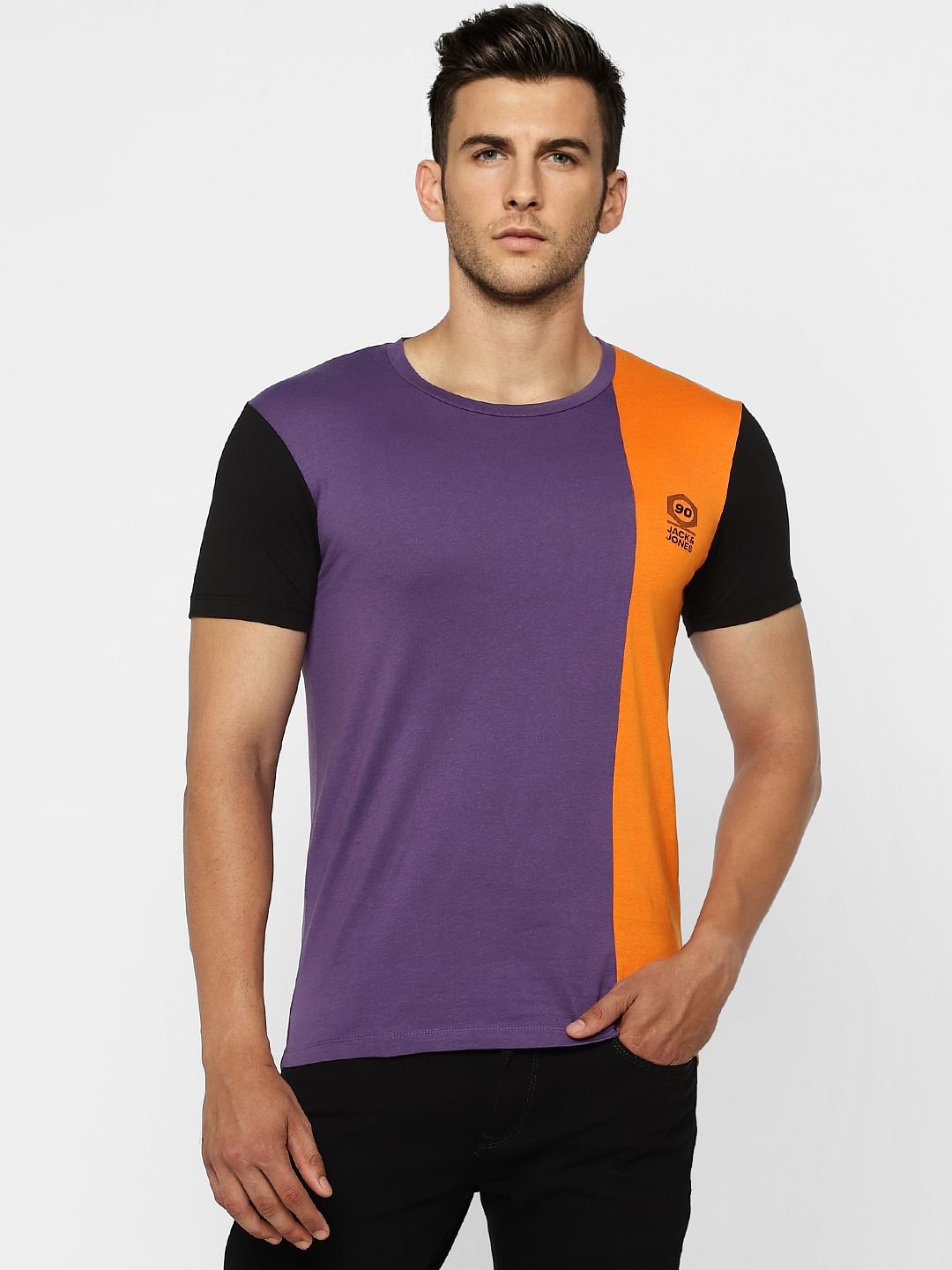 Purple Colourblocked Crew Neck T-shirt