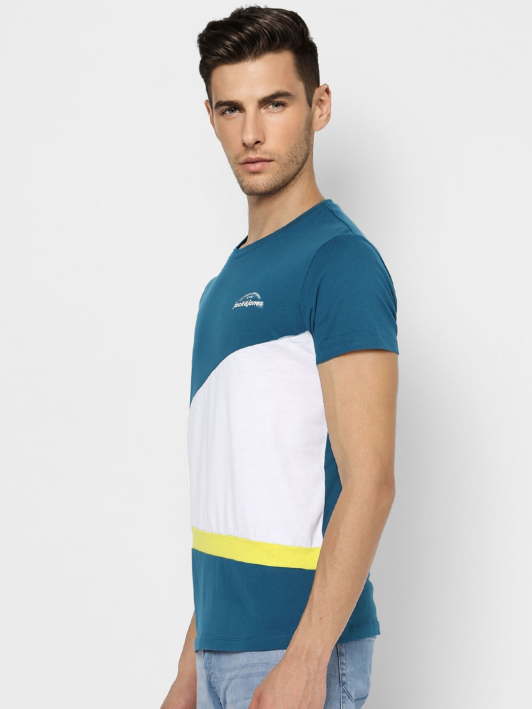 Blue Colourblocked Crew Neck T-shirt