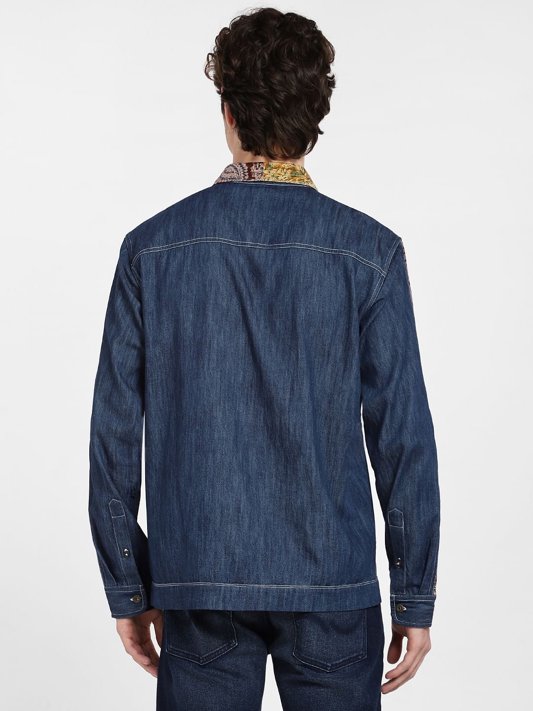 Blue Print-Blocked Denim Shirt