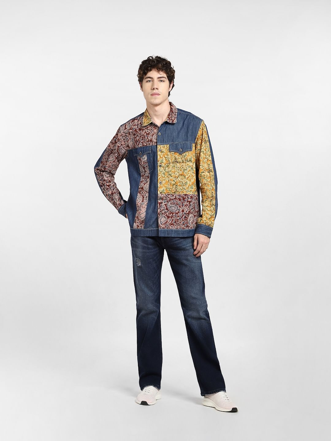 Blue Print-Blocked Denim Shirt