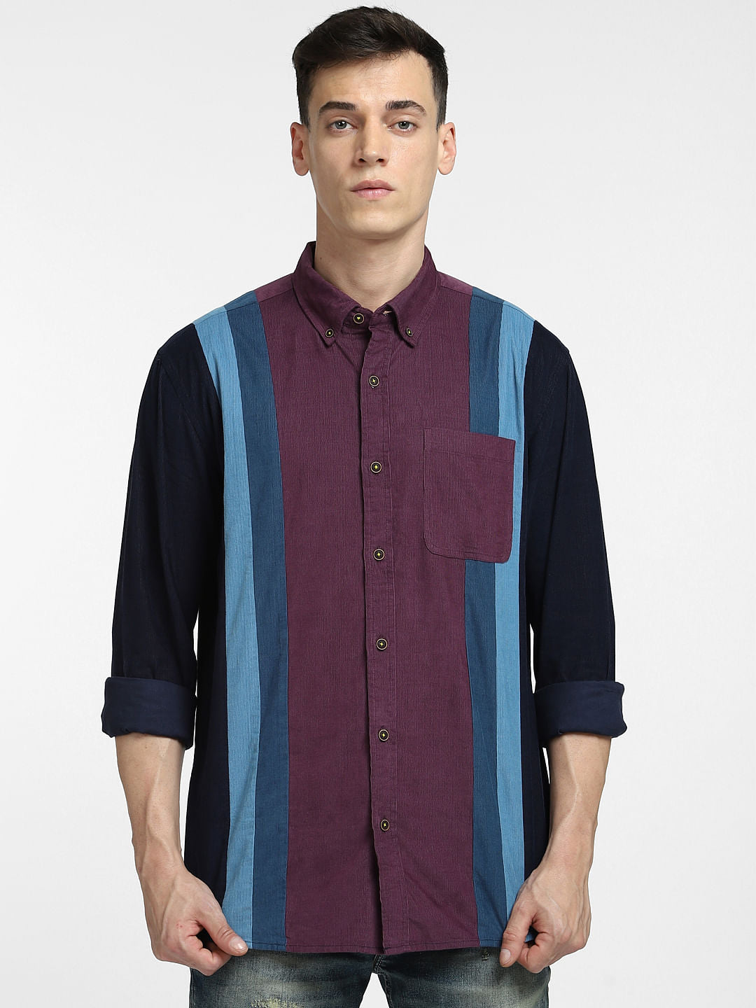 Burgundy Colourblocked Full Sleeves Shirt