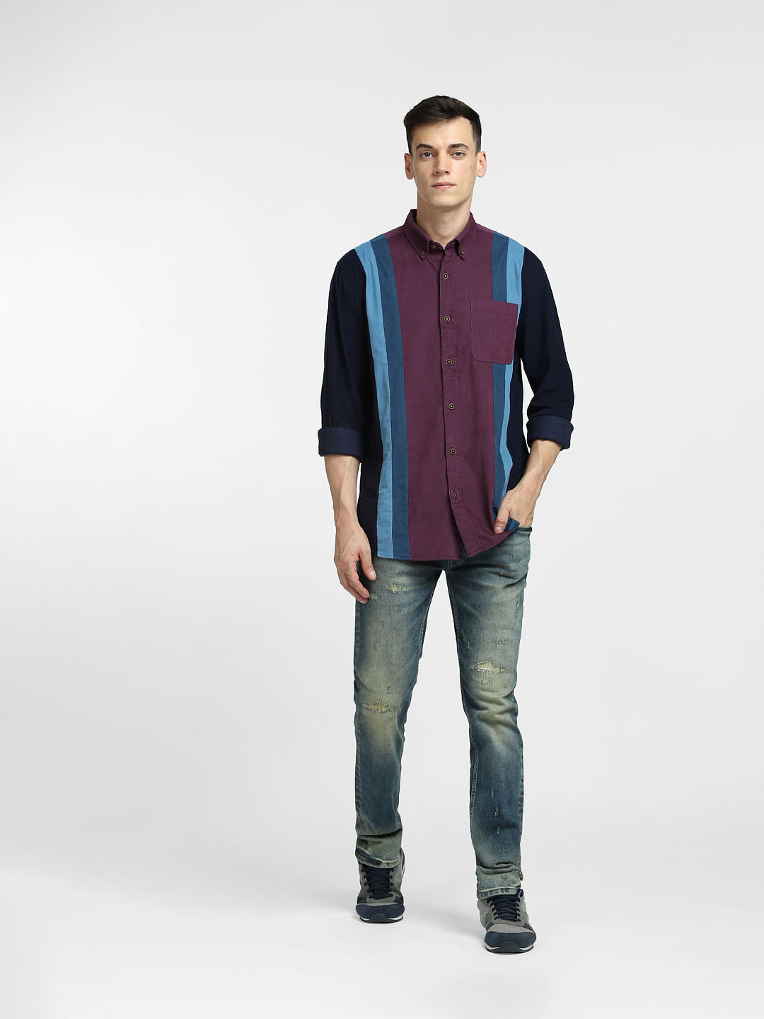 Burgundy Colourblocked Full Sleeves Shirt