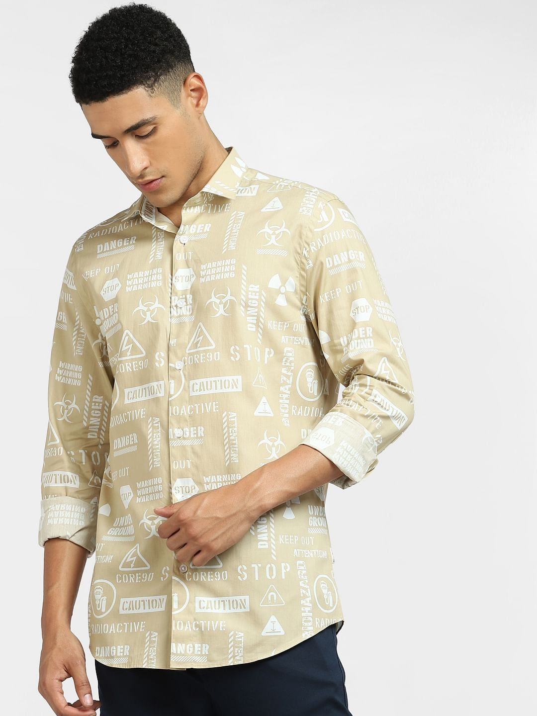 Beige Typographic Print Full Sleeves Shirt