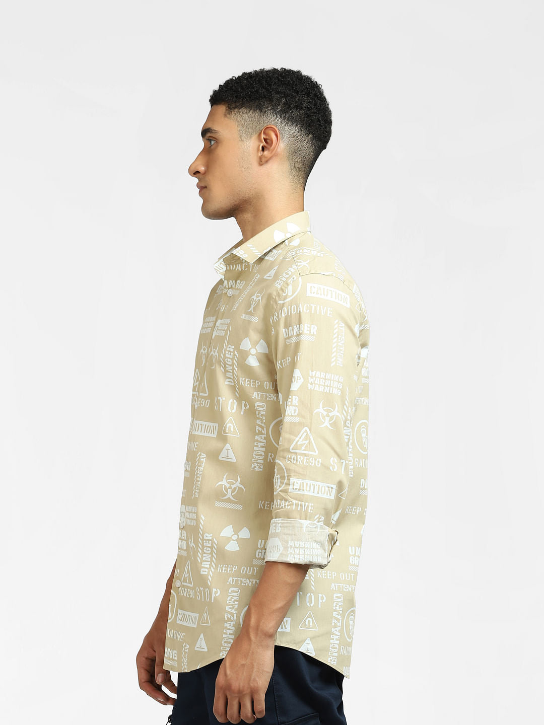 Beige Typographic Print Full Sleeves Shirt
