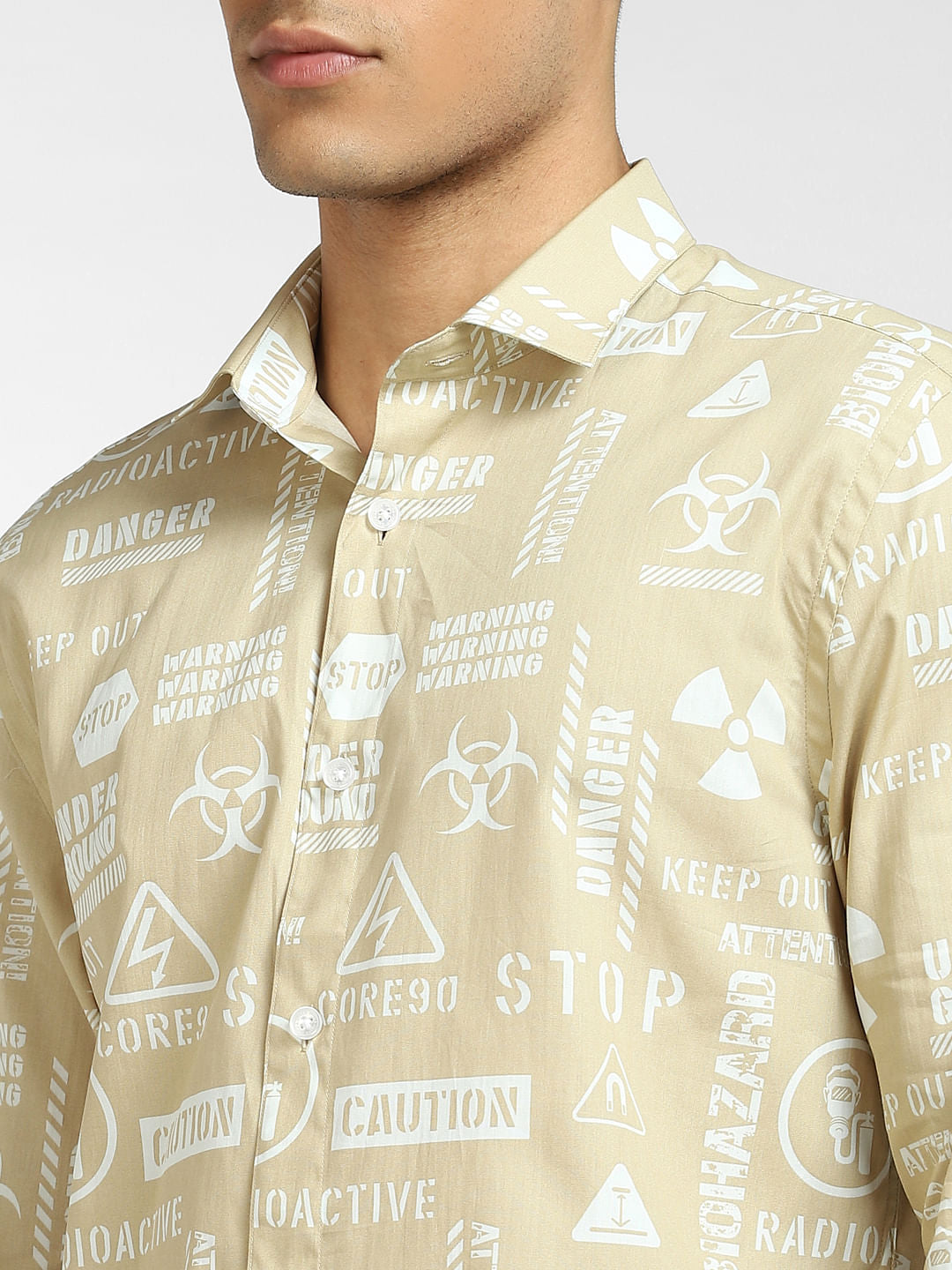 Beige Typographic Print Full Sleeves Shirt
