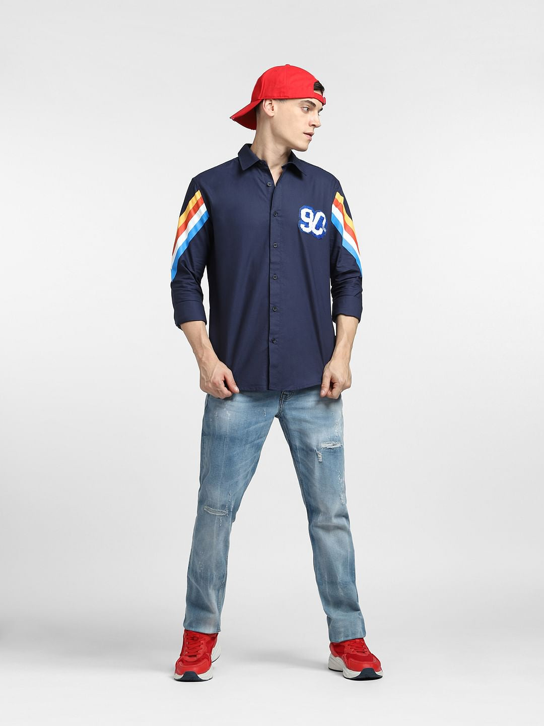 Navy Blue Printed Full Sleeves Shirt