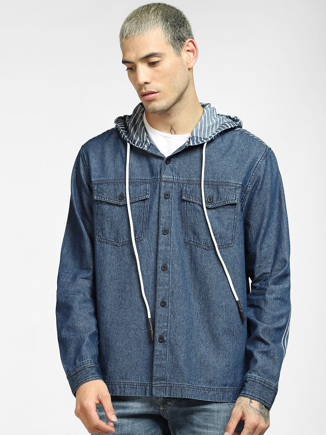 Blue Striped Oversized Hooded Shirt