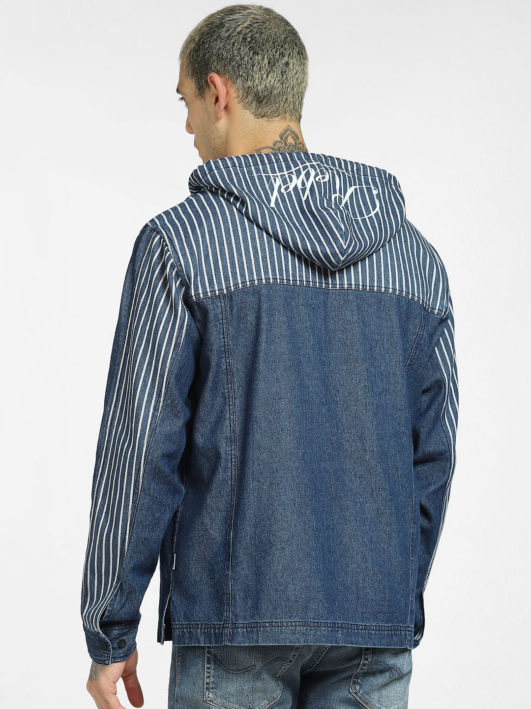 Blue Striped Oversized Hooded Shirt