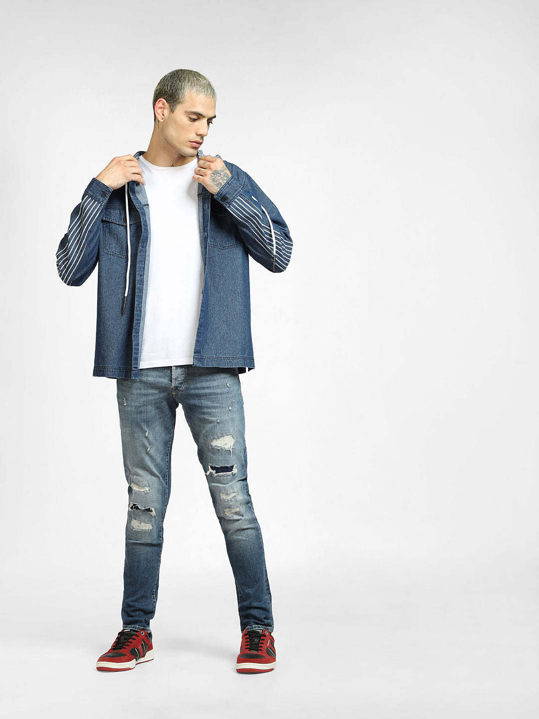 Blue Striped Oversized Hooded Shirt