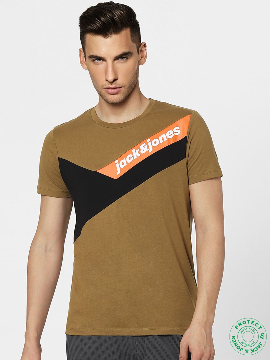 Brown Colourblocked Crew Neck T-shirt