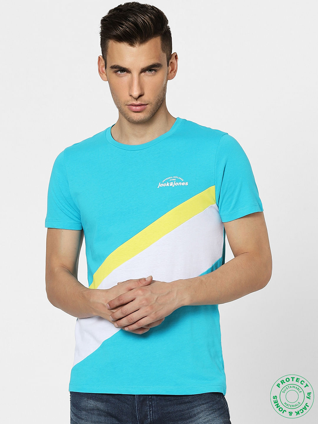 Blue Colourblocked Crew Neck T-shirt