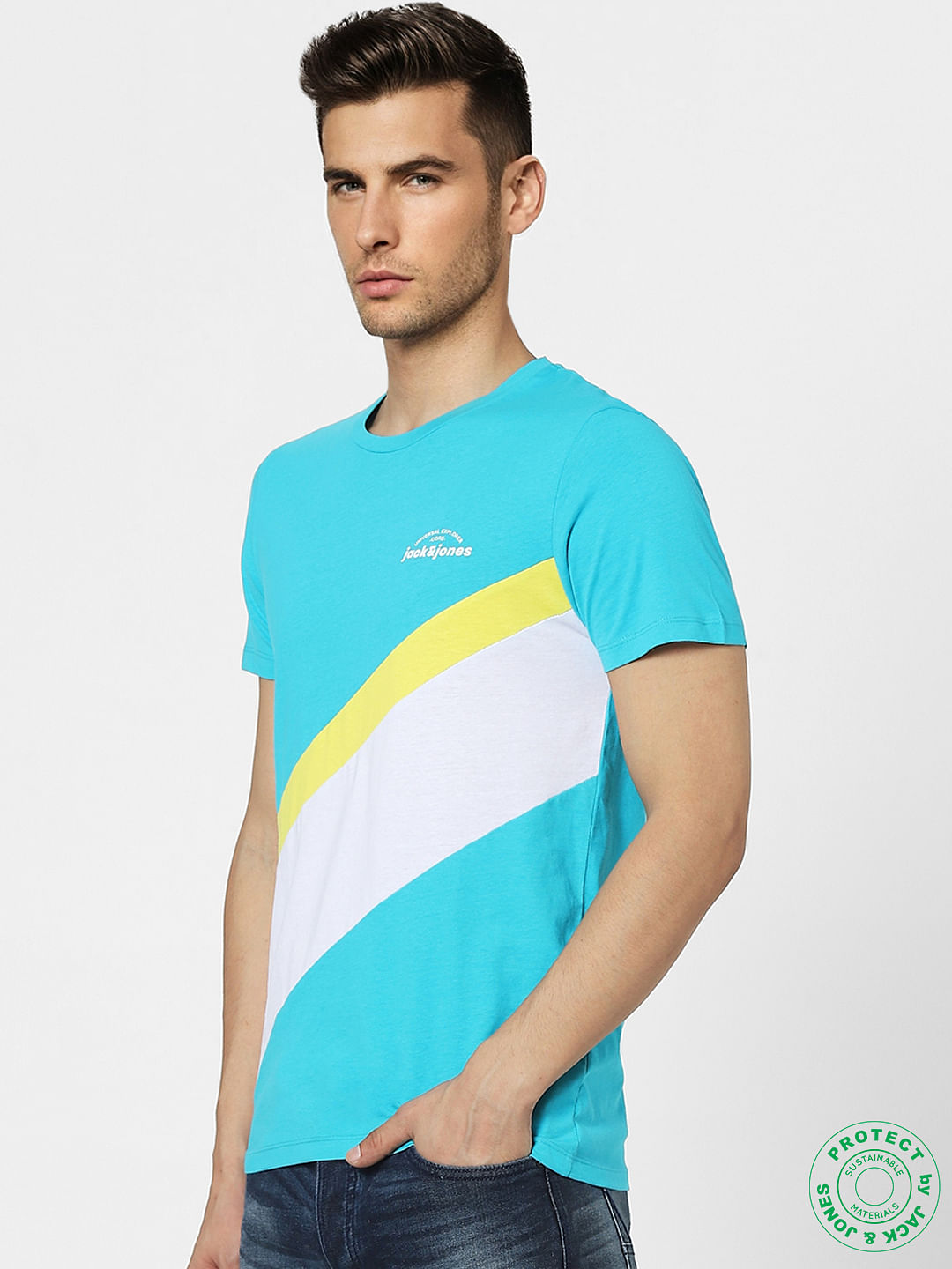 Blue Colourblocked Crew Neck T-shirt