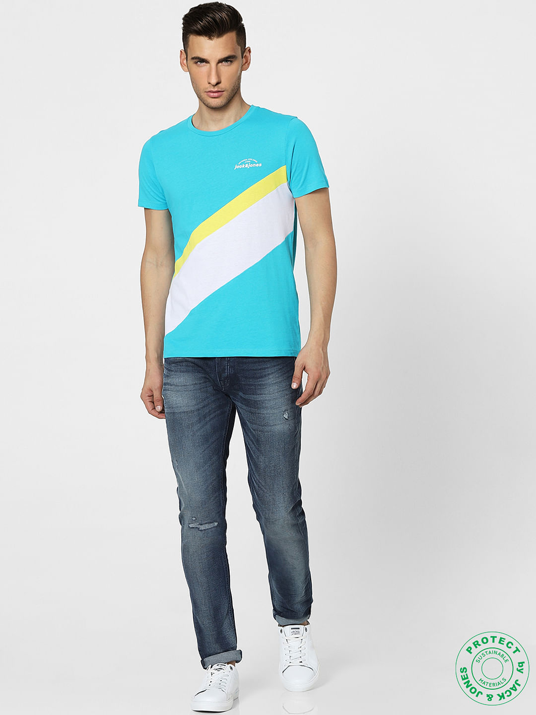 Blue Colourblocked Crew Neck T-shirt