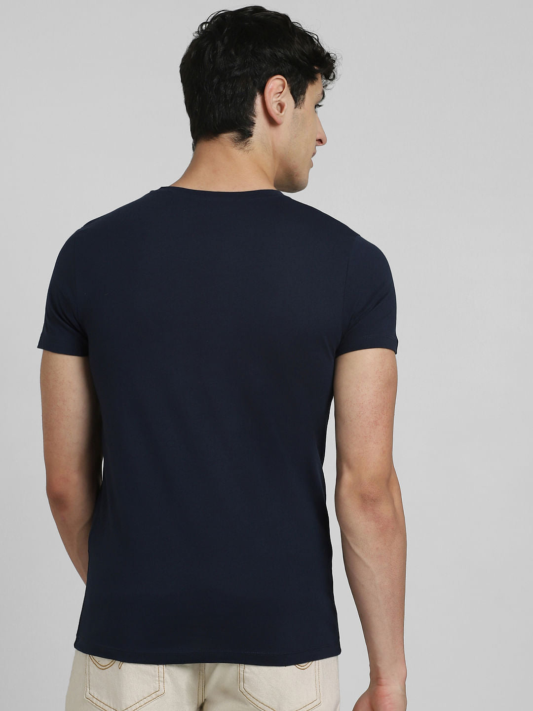 Navy Blue Logo Print Crew Neck T-shirt