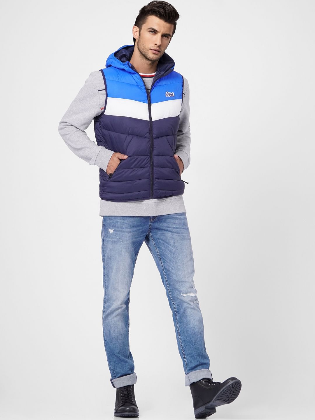 Navy Blue Colourblocked Puffer Vest Jacket