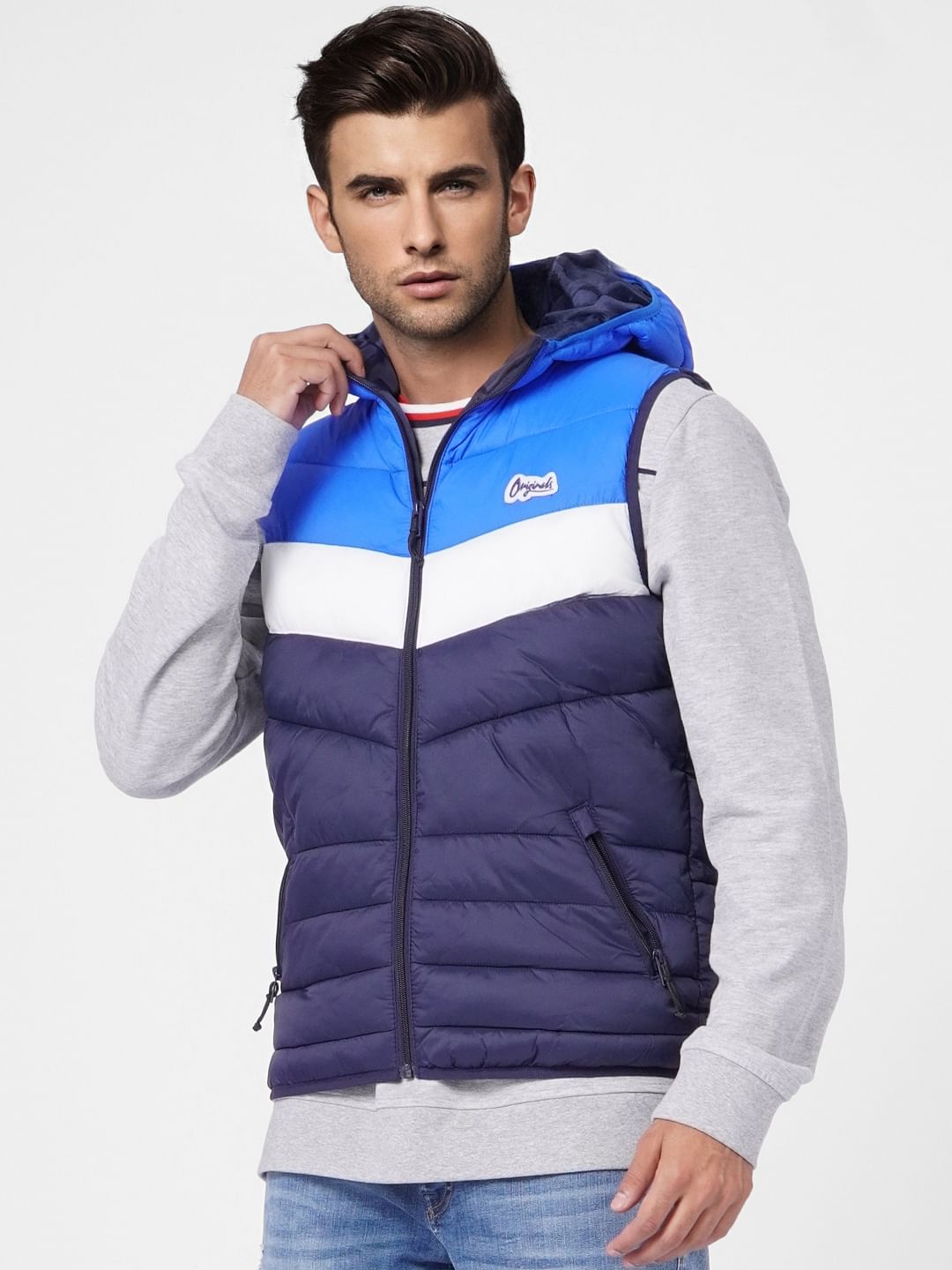 Navy Blue Colourblocked Puffer Vest Jacket