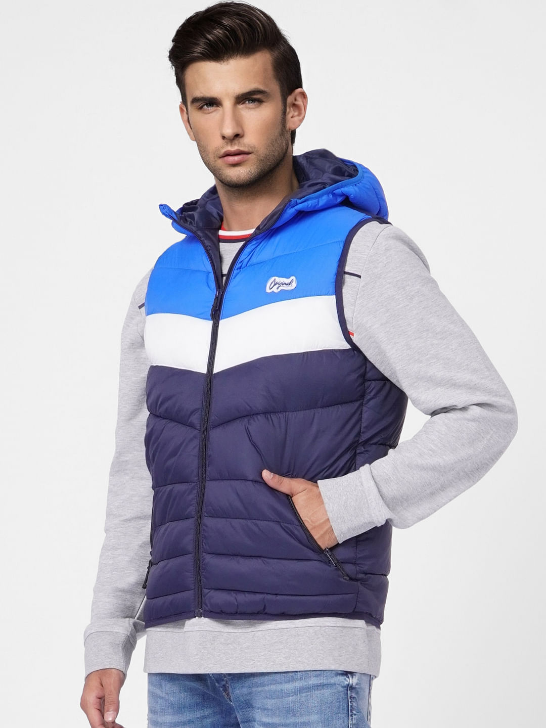 Navy Blue Colourblocked Puffer Vest Jacket