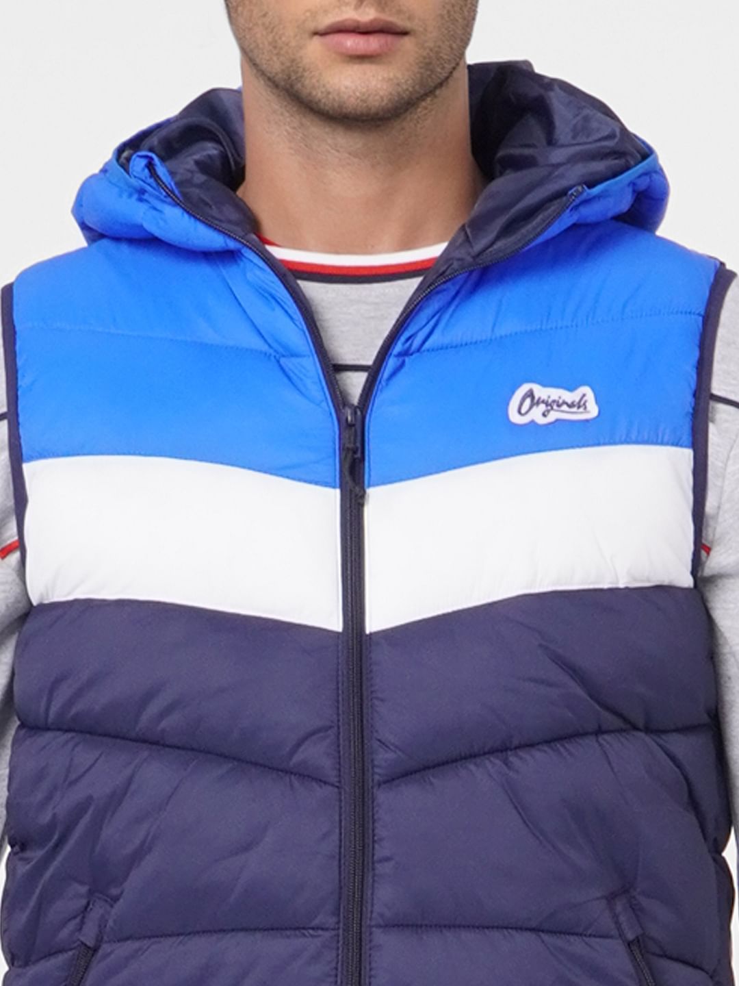 Navy Blue Colourblocked Puffer Vest Jacket