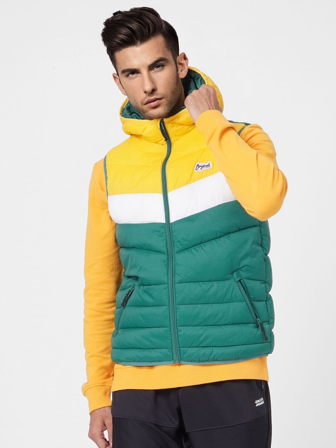 Green Colourblocked Puffer Vest Jacket