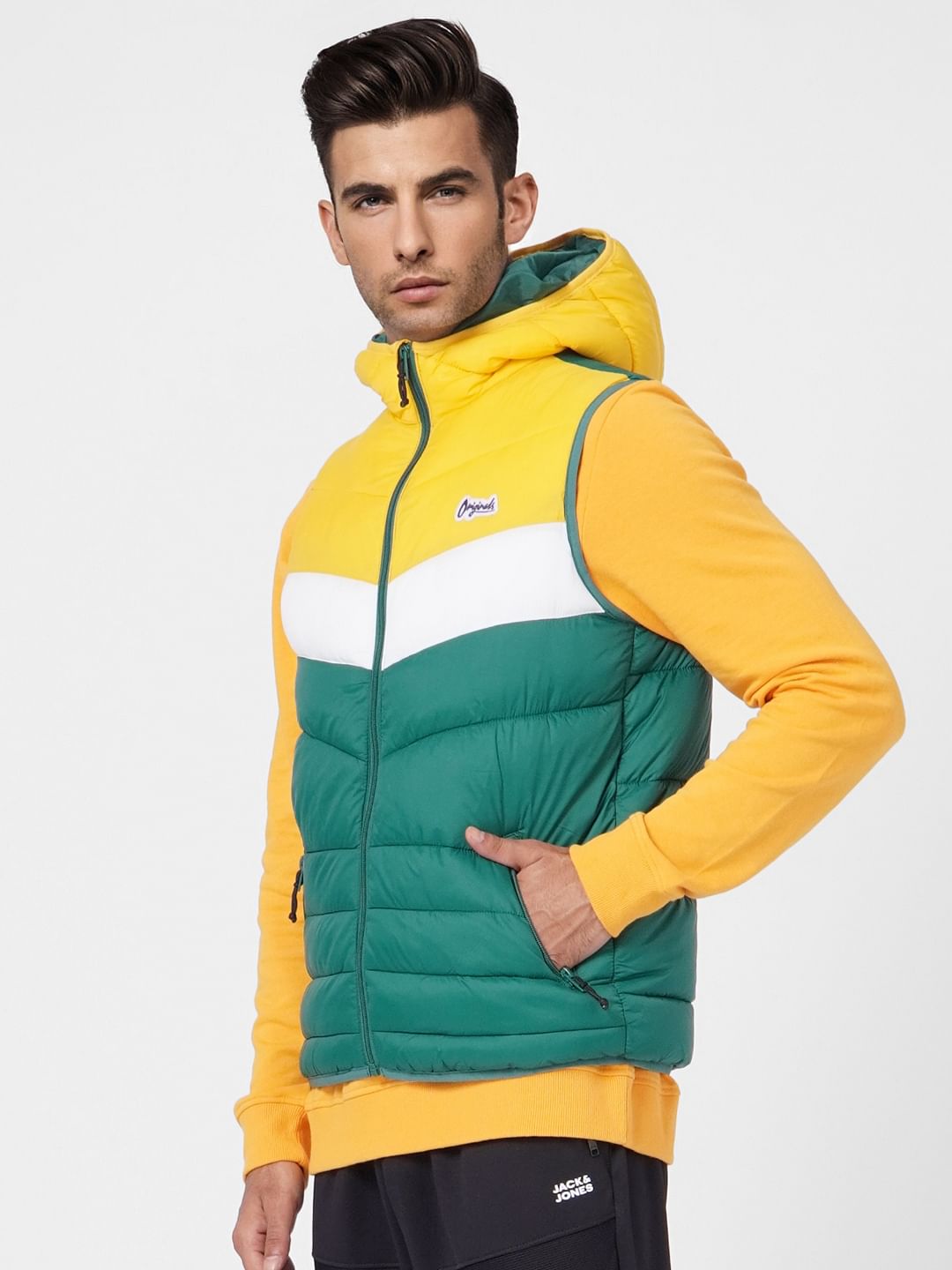 Green Colourblocked Puffer Vest Jacket