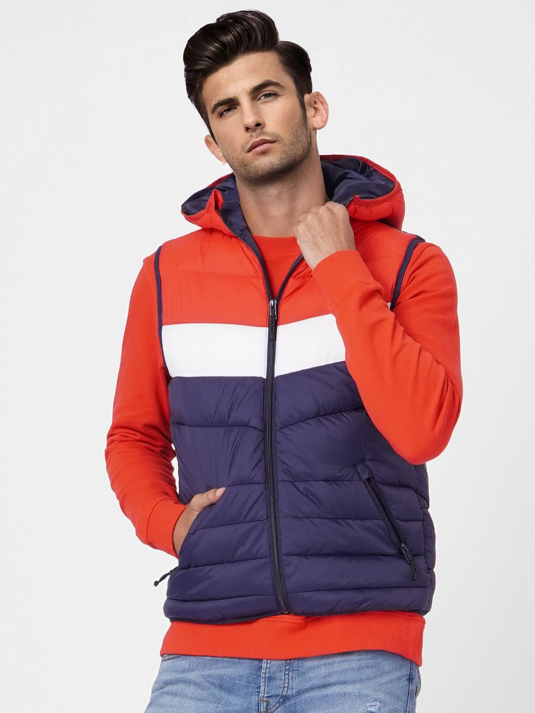 Red Colourblocked Puffer Vest Jacket