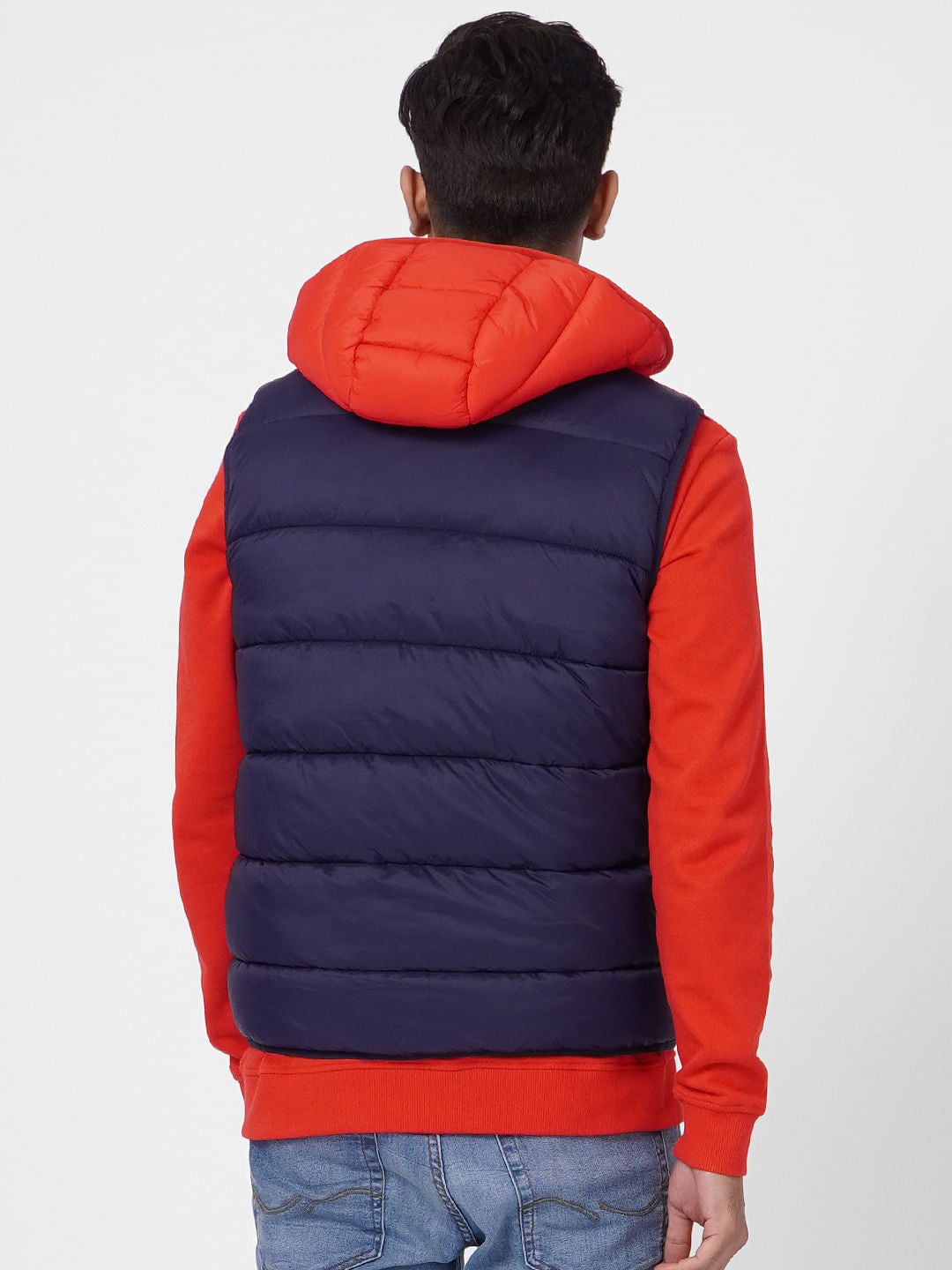 Red Colourblocked Puffer Vest Jacket