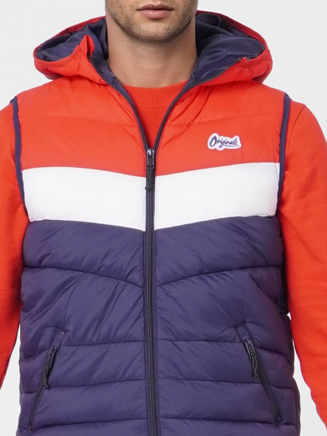 Red Colourblocked Puffer Vest Jacket